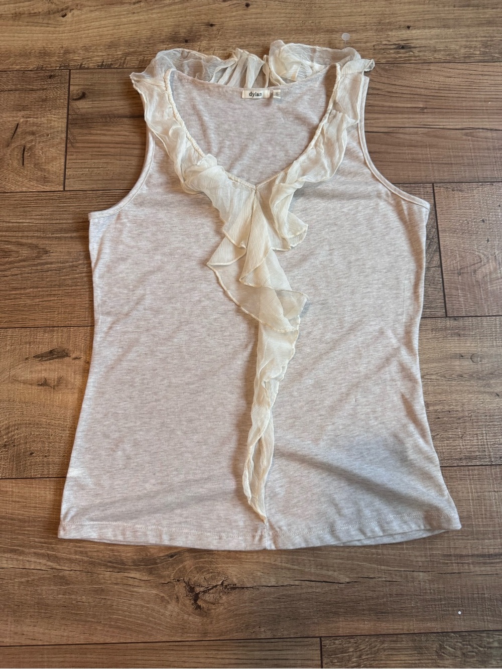 Dylan Heathered Cream Tank With Ruffle V-Neck and front Detail NWT Size Small